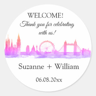 London England skyline Pink Favours Weddings Classic Round Sticker