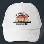 London England Sunset Custom Family Trip Trucker Hat<br><div class="desc">Personalised London vacation hat with a silhouette of the city attractions in front of a cool sunset including the bridge,  the London Eye (Millenium Wheel),  and the Big Ben clock. Cool United Kingdom trip keepsake souvenir.</div>