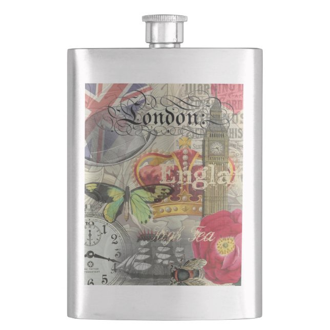 London England Travel Vintage Europe Art Hip Flask (Front)