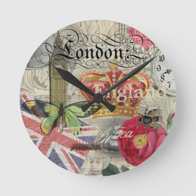 London England Travel Vintage Europe Art Round Clock (Front)