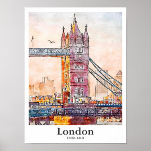 London England Travel Watercolor Hand Drawn Poster