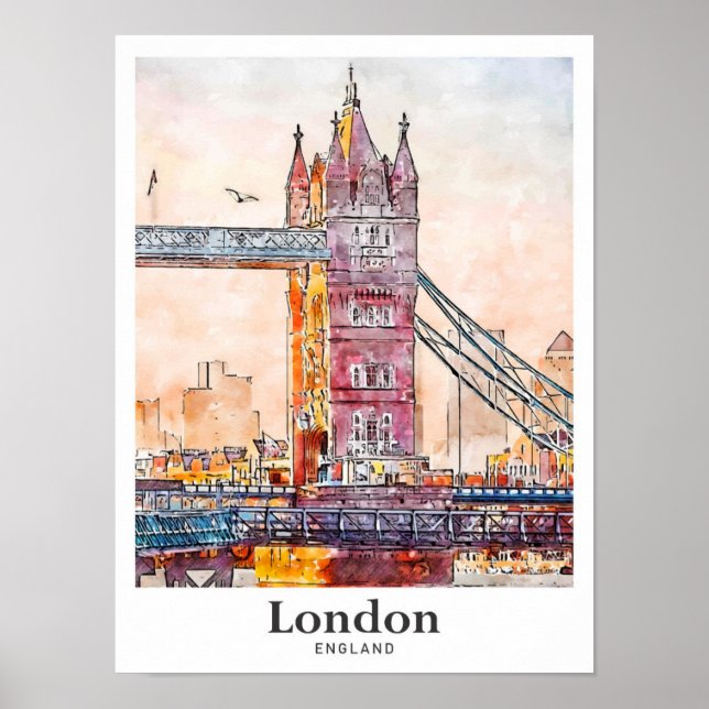 London England Travel Watercolor Hand Drawn Poster (Front)