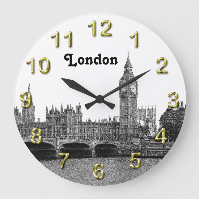 London England UK Skyline Etched Large Clock (Front)