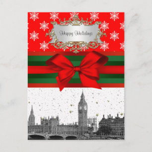 London England UK Skyline Red Snowflake Christmas Holiday Postcard