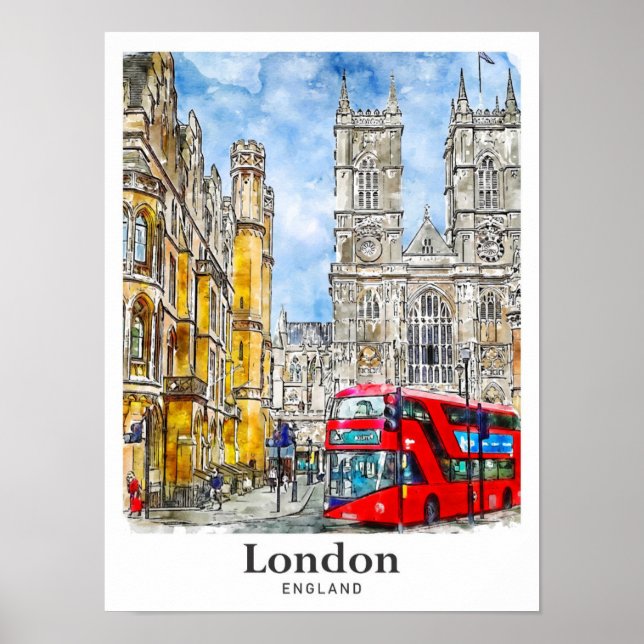 London England UK Travel Watercolor Hand Drawn Poster (Front)