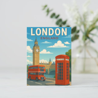 London England Vintage Travel Big Ben, Red Bus Postcard