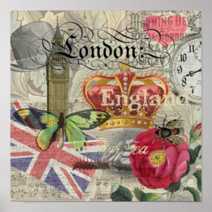 London England Vintage Travel Collage Poster