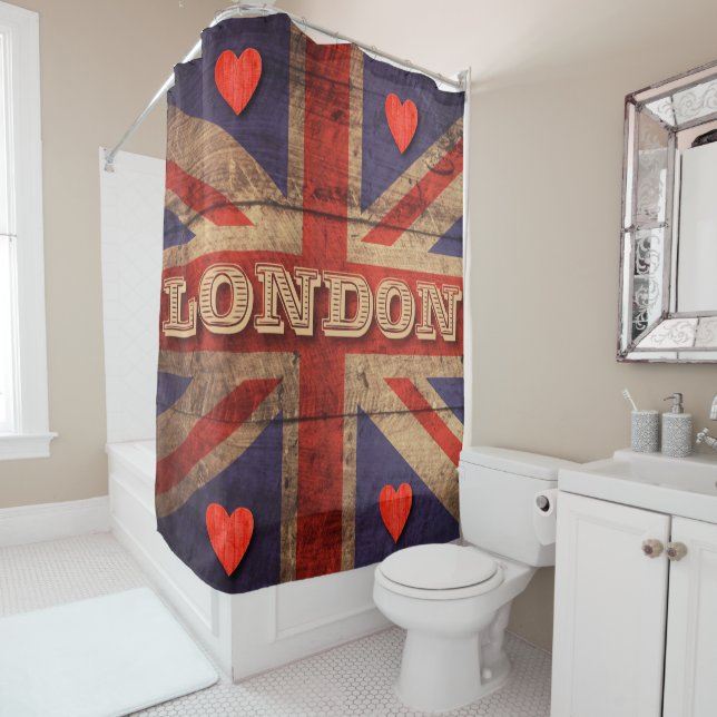 London English Flag Red Hearts British England Shower Curtain (In Situ)