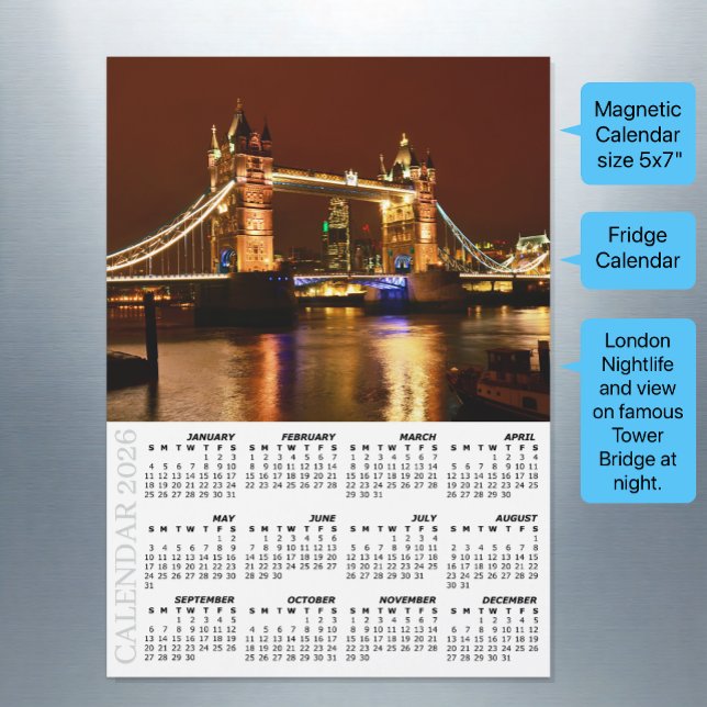London Fridge Calendar 2026, Tower Bridge at Night (London Fridge Calendar 2026 / Tower Bridge at Night)