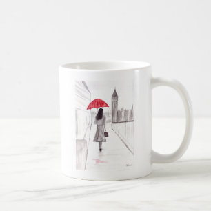 London girl with red umbrella watercolor England  Coffee Mug