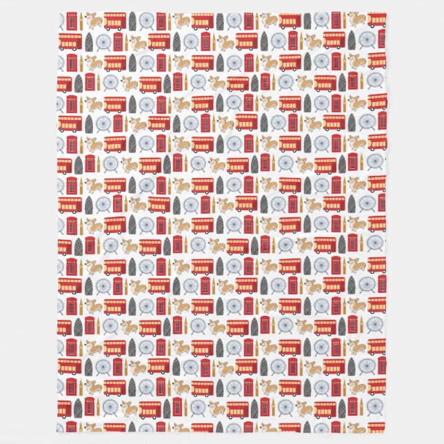 London Icon and Corgi Collage Pattern Fleece Blanket (Front)