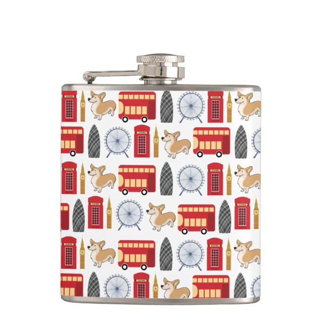 London Icon and Corgi Collage Pattern Hip Flask (Front)