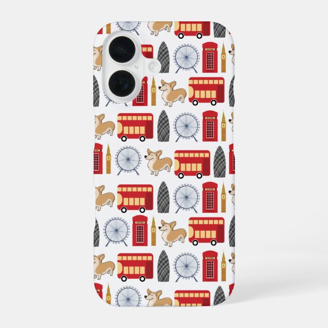 London Icon and Corgi Collage Pattern iPhone 16 Case (Back)