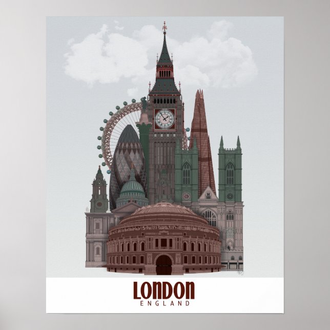 London in Clouds Red and Green Poster (Front)
