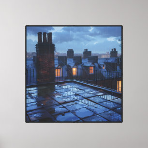London Inspired Rainy Rooftop View & Chimneys Wall Canvas Print