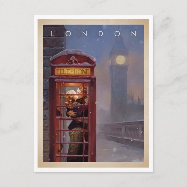 London, Kissing in a Phone Booth Retro Inspired Postcard (Front)