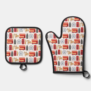 London Landmarks Icon Pattern Oven Mitt & Pot Holder Set