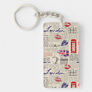 London Newspaper Pattern Key Ring
