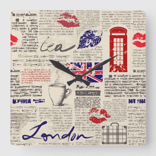 London Newspaper Pattern Square Wall Clock (Front)