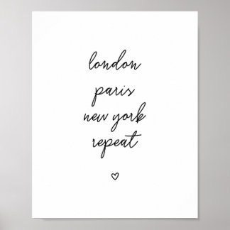 'London Paris New York Repeat' Poster | Pink 8x10