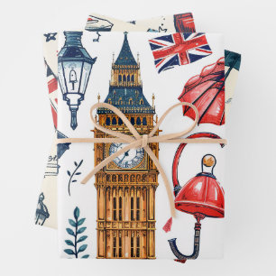 London Pattern Big Ben London Bus Union Jack Flag Wrapping Paper Sheet