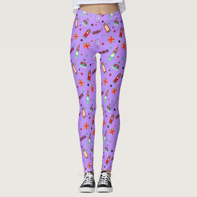 London Pattern with Purple Background Leggings (Front)