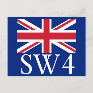 London Postcode SW4 with Union Jack Postcard