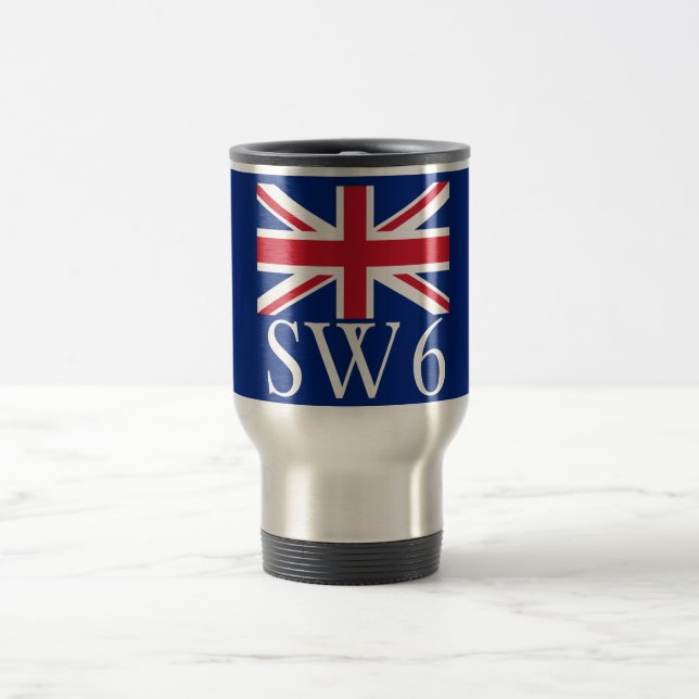 London Postcode SW6 with Union Jack Travel Mug (Center)