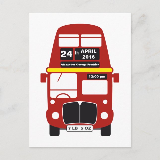 London Red Bus Baby Birth Announcement Post Card (Front)