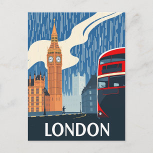 London Red Bus & Big Ben Vintage Travel Postcard