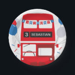 London Red Bus Birthday Personalised Paper Plate<br><div class="desc">Kids' party plates with a red London bus, balloons, bunting and streamers that can be personalised with a child's name and age. This is part of a range of matching London bus themed party ideas including; invites, badges, paper plates and cups, gift tags, boxes and stickers - everything you need...</div>