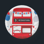 London Red Bus Birthday Personalised Paper Plate<br><div class="desc">Kids' party plates with a red London bus, balloons, bunting and streamers that can be personalised with a child's name and age. This is part of a range of matching London bus themed party ideas including; invites, badges, paper plates and cups, gift tags, boxes and stickers - everything you need...</div>