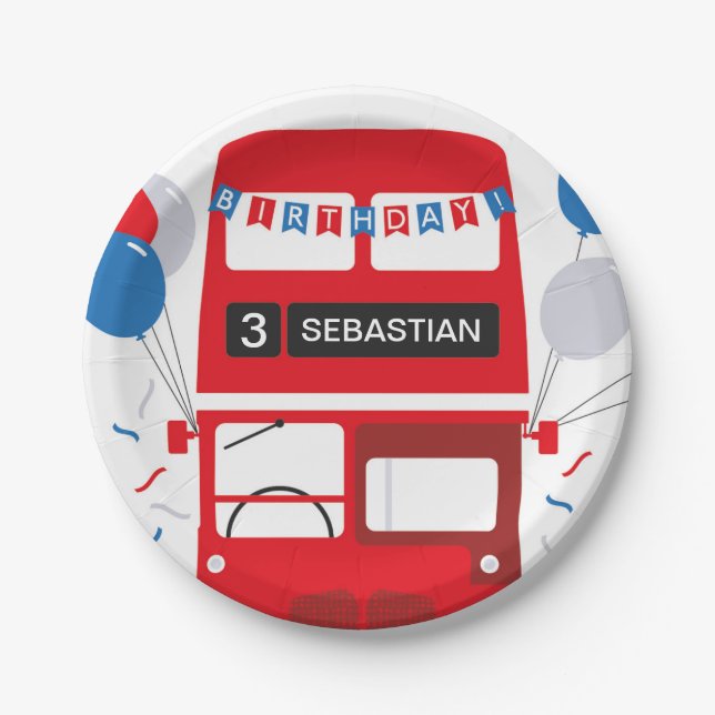 London Red Bus Birthday Personalised Paper Plate (Front)