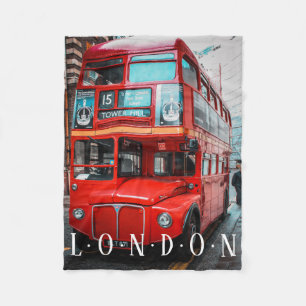 London Red Bus On Busy Street, White Text Fleece Blanket