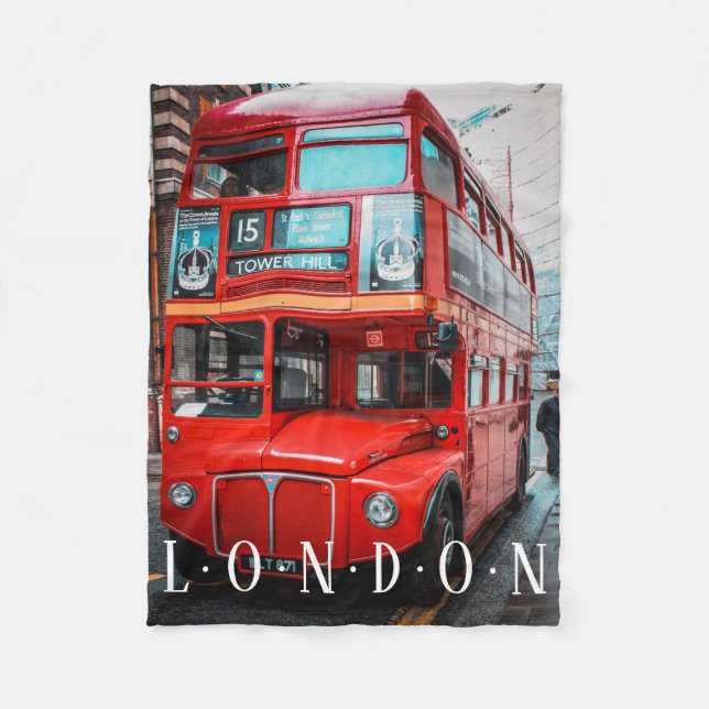 London Red Bus On Busy Street, White Text Fleece Blanket (Front)