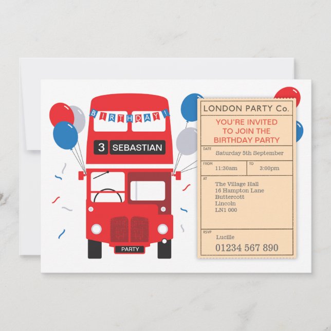 London Red Bus Personalised Birthday Party Invite (Front)