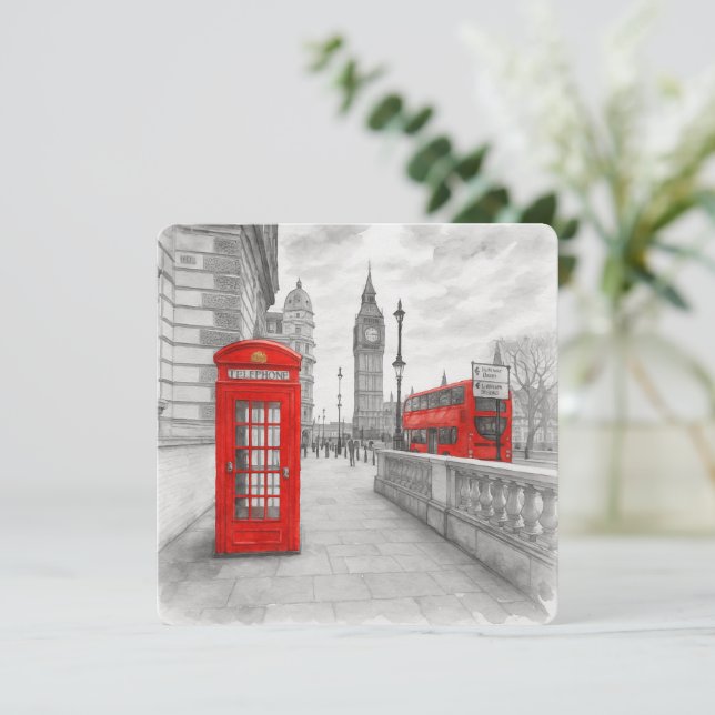London Red Phone Booth & Bus Watercolor Card (Standing Front)