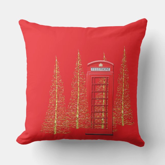 London Red Telephone Box Gold Trees Throw Pillow (Front)