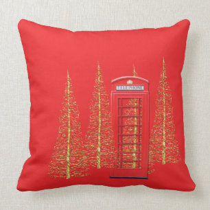 London Red Telephone Box Gold Trees Throw Pillow