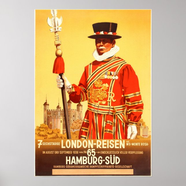 LONDON REISEN HAMBURG SUD Steamship Vintage Travel Poster (Front)