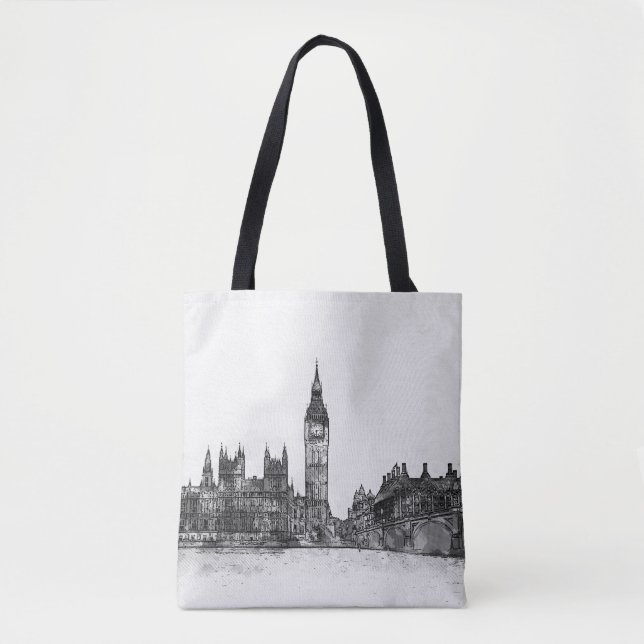 London Skyline Black & White Tote Bag (Front)
