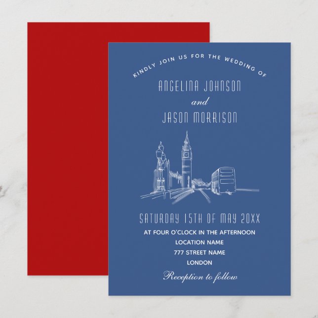 London Skyline Blue Red Wedding Invitation (Front/Back)