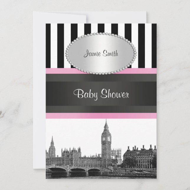London Skyline BW Blk Wht Strp Pink Baby Shower Invitation (Front)