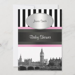 London Skyline BW Blk Wht Strp Pink Baby Shower Invitation