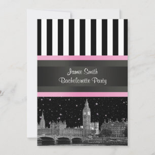 London Skyline BW Blk Wht Strp Pink Bachelorette Invitation