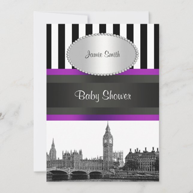 London Skyline BW Blk Wht Strp Purple Baby Shower Invitation (Front)