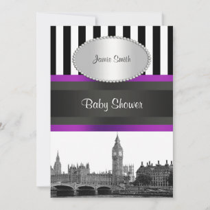 London Skyline BW Blk Wht Strp Purple Baby Shower Invitation