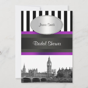 London Skyline BW Blk Wht Strp Purple Bridal Shwr Invitation