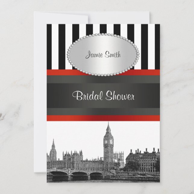 London Skyline BW Blk Wht Strp Red Bridal Shower Invitation (Front)