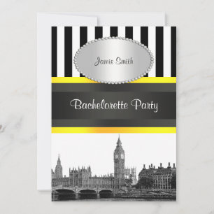London Skyline BW Blk Wht Strp Ylo P Bachelorette Invitation